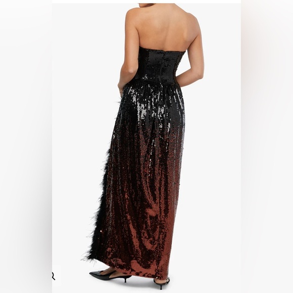 NWT WeWoreWhat Black and Brown Sequin Corset Feathered Gown - Picture 4 of 9